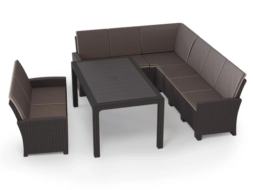 Комплект мебели с угловым диваном под ротанг Калифорния “California“ 240х188 см, 2х местный диван 121х62 см с подушками на спинку и со столом 165х95 см