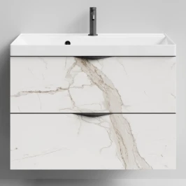 Тумба Марко 80 подвесной, ручки Черные, Мрамор Белый натур милк ПВХ 2537 Vodok с раковиной в комплекте