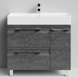 Тумба Мальта 90 напольный, ящики и дверь, Серый камень ПВХ 57806, правый Vodok с раковиной в комплекте