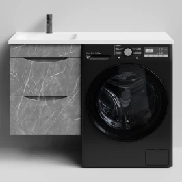 Тумба Смайл 110 подвесной, под стиральную машину, левая, Мрамор Серый софт тач ПВХ 4044-1 Vodok с раковиной в комплекте