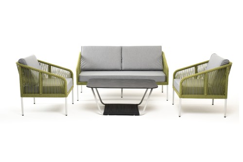 "Канны" лаунж-зона 4-местная из роупа со столом "Глория" (серый гранит), каркас алюминиевый светло-серый, роуп салатовый меланж
