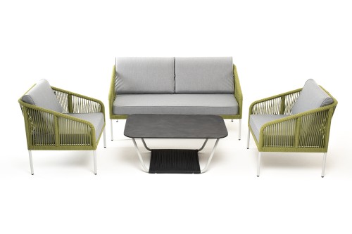 "Канны" лаунж-зона 4-местная из роупа со столом "Глория" (серый гранит), каркас алюминиевый светло-серый, роуп салатовый меланж