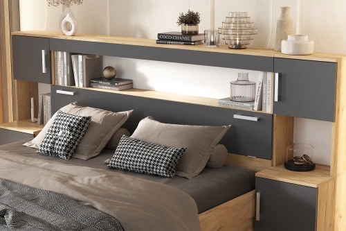 Кровать с надстройкой и тумбами Бася 1,6м, Дуб Крафт, Графит