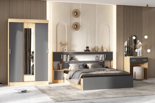 Кровать с надстройкой и тумбами Бася 1,6м, Дуб Крафт, Графит