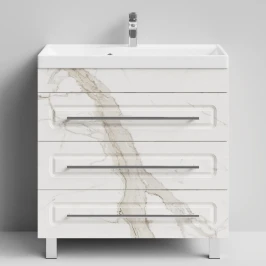 Тумба Арабеска 80 напольный, Мрамор Белый натур милк ПВХ 2537 Vodok с раковиной в комплекте