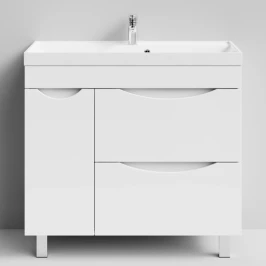 Тумба Лайт 90 напольный, белый глянец, 2 ящика, 1 дверь слева Vodok с раковиной в комплекте