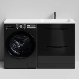 Тумба Смайл 130 напольный, под стиральную машину, правая, черный глянец Vodok с раковиной в комплекте