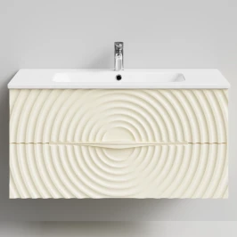 Тумба Эйфория 100 F1, пример RAL 1015 Светлая слоновая кость, матовая, 2 ящика, подвесной Vodok с раковиной в комплекте