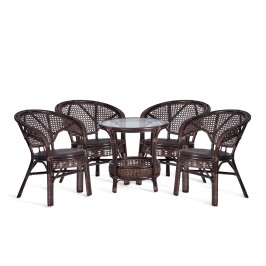 Комплект "PELANGI"  02/15 ( стол со стеклом + 4 кресла ) [без подушек] ротанг, кресло 65х65х77см, стол диаметр 64х61см, walnut (грецкий орех)