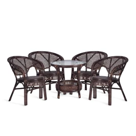 Комплект "PELANGI"  02/15 ( стол со стеклом + 4 кресла ) [без подушек] ротанг, кресло 65х65х77см, стол диаметр 64х61см, walnut (грецкий орех)