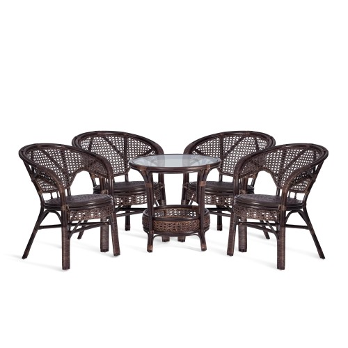 Комплект "PELANGI"  02/15 ( стол со стеклом + 4 кресла ) [без подушек] ротанг, кресло 65х65х77см, стол диаметр 64х61см, walnut (грецкий орех)