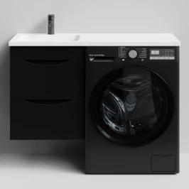 Тумба Смайл 110 подвесной, под стиральную машину, левая, черный глянец Vodok с раковиной в комплекте