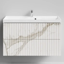 Тумба Тач 100 подвесной, Мрамор Белый натур милк ПВХ 2537 Vodok с раковиной в комплекте