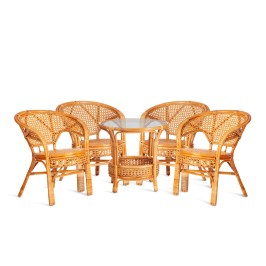 Комплект "PELANGI"  02/15 ( стол со стеклом + 4 кресла ) [без подушек] ротанг, кресло 65х65х77см, стол диаметр 64х61см, Honey (мед)