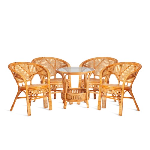 Комплект "PELANGI"  02/15 ( стол со стеклом + 4 кресла ) [без подушек] ротанг, кресло 65х65х77см, стол диаметр 64х61см, Honey (мед)