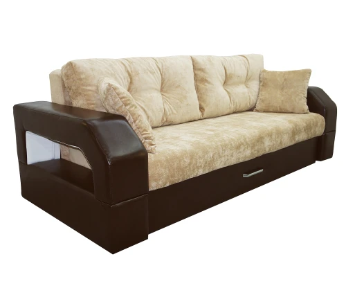 Диван еврокнижка Манчестер  с подсветкой 160 ВЕЛЮР 02 БЕЖЕВЫЙ ЭКОКОЖА КОРИЧНЕВАЯ