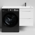 Тумба Смайл 110 подвесной, под стиральную машину, правая, белый глянец Vodok с раковиной в комплекте