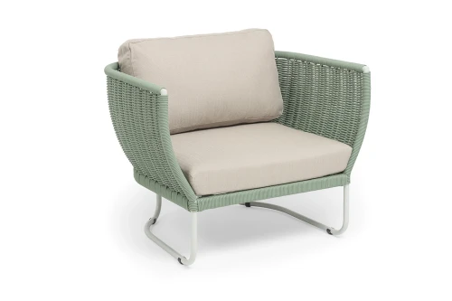 "Фиджи" кресло плетеное из роупа, каркас алюминий светло-серый (RAL7035) муар, роуп зеленый (4204) круглый tex, ткань Mossle бежевая