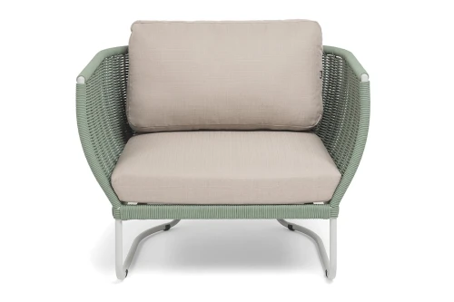 "Фиджи" кресло плетеное из роупа, каркас алюминий светло-серый (RAL7035) муар, роуп зеленый (4204) круглый tex, ткань Mossle бежевая