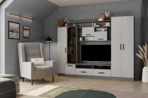 Стенка в гостиную Оскар-5, Графит серый, Камень серый