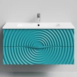 Тумба Эйфория 100 F1, пример RAL 5021 Водная синь, матовая, 2 ящика, подвесной Vodok с раковиной в комплекте