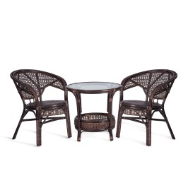 ТЕРРАСНЫЙ КОМПЛЕКТ "PELANGI" (стол со стеклом + 2 кресла) /без подушек/ ротанг, кресло 65х65х77см, стол диаметр 64х61см, walnut (грецкий орех)