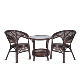 ТЕРРАСНЫЙ КОМПЛЕКТ "PELANGI" (стол со стеклом + 2 кресла) /без подушек/ ротанг, кресло 65х65х77см, стол диаметр 64х61см, walnut (грецкий орех)