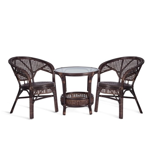 ТЕРРАСНЫЙ КОМПЛЕКТ "PELANGI" (стол со стеклом + 2 кресла) /без подушек/ ротанг, кресло 65х65х77см, стол диаметр 64х61см, walnut (грецкий орех)