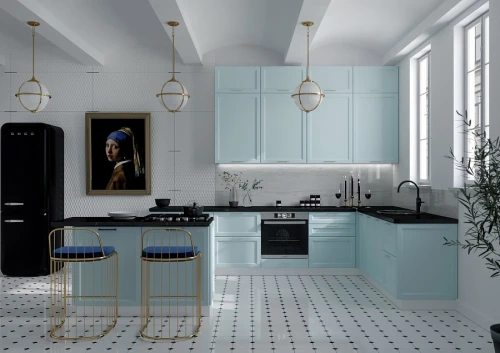 Трехуровневая кухня Тулиппа 3200х2200 Небесно-голубой МДФ угловая