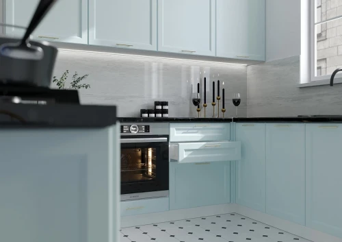 Трехуровневая кухня Тулиппа 3200х2200 Небесно-голубой МДФ угловая