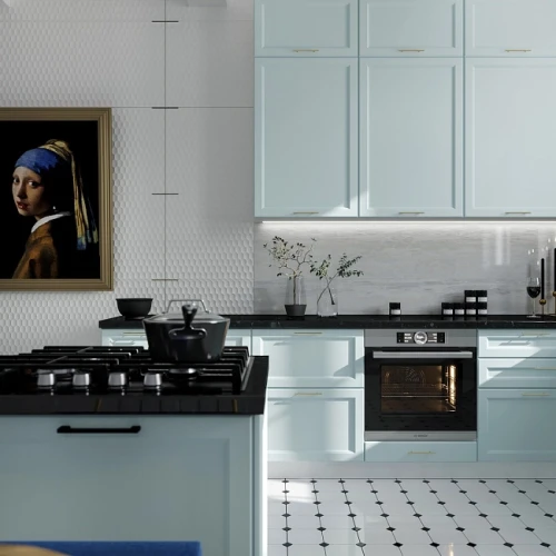 Трехуровневая кухня Тулиппа 3200х2200 Небесно-голубой МДФ угловая