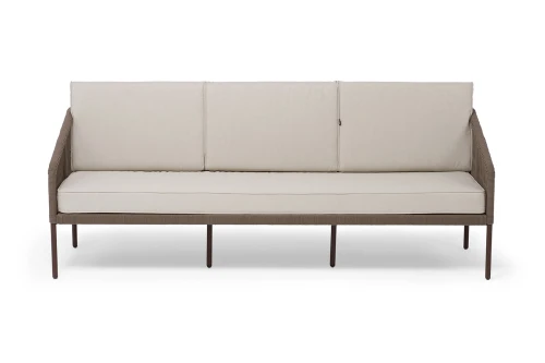 "Канны" диван 3-местный плетеный из роупа, каркас алюминий коричневый (RAL8016) муар, роуп коричневый круглый, ткань бежевая 035