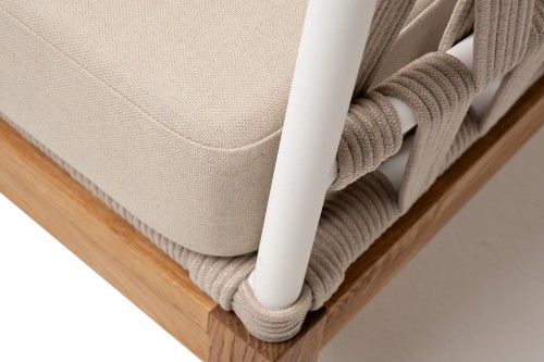 "Диего" диван 2-местный плетеный из роупа, основание дуб, каркас алюминий светло-серый (RAL7035) шагрень, роуп бежевый круглый, ткань бежевая 15052