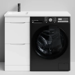 Тумба Смайл 100 напольный, под стиральную машину, левая, белый глянец Vodok с раковиной в комплекте