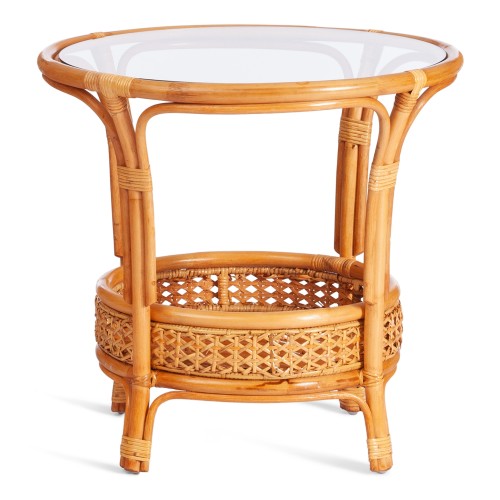 ТЕРРАСНЫЙ КОМПЛЕКТ "PELANGI" (стол со стеклом + 2 кресла) /без подушек/ ротанг, кресло 65х65х77см, стол диаметр 64х61см, Honey (мед)