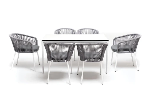 "Малага" обеденная группа на 6 персон со стульями "Марсель", каркас белый, роуп светло-серый
