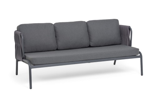 "Ронда" диван 3-местный плетеный из роупа, каркас алюминий темно-серый (RAL7024) муар, роуп серый 40 мм tex, ткань темно-серая 027