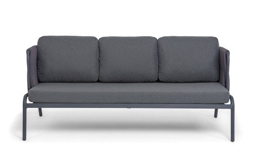 "Ронда" диван 3-местный плетеный из роупа, каркас алюминий темно-серый (RAL7024) муар, роуп серый 40 мм tex, ткань темно-серая 027