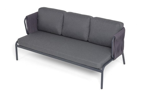 "Ронда" диван 3-местный плетеный из роупа, каркас алюминий темно-серый (RAL7024) муар, роуп серый 40 мм tex, ткань темно-серая 027