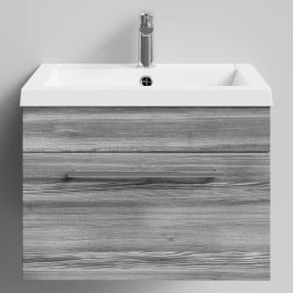 Тумба Элис 58 подвесной, 1 ящик, Лиственница структурная контрастно-серая ПВХ 64202 Vodok с раковиной в комплекте