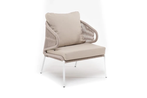 "Милан" кресло плетеное из роупа, каркас алюминий белый муар, роуп бежевый круглый, ткань бежевая 15052