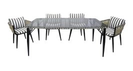 Набор мебели Монте-Карло  арт.MK-MT001,MK-MT005-2024 бежевый,  (4 кресла+стол 180х100см, каркас черный, ротанг жемчуг, ткань полоска ) "Garden story"