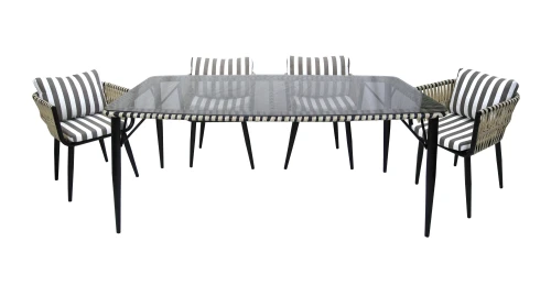 Набор мебели Монте-Карло  арт.MK-MT001,MK-MT005-2024 бежевый,  (4 кресла+стол 180х100см, каркас черный, ротанг жемчуг, ткань полоска ) "Garden story"