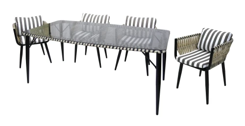 Набор мебели Монте-Карло  арт.MK-MT001,MK-MT005-2024 бежевый,  (4 кресла+стол 180х100см, каркас черный, ротанг жемчуг, ткань полоска ) "Garden story"