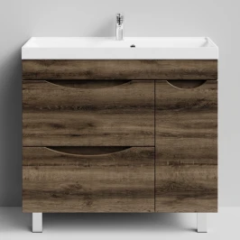 Тумба Лайт 90 напольный, Дуб крымский коричневый ПВХ 131005-9005, 2 ящика, 1 дверь справа Vodok с раковиной в комплекте