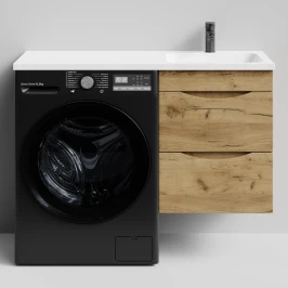 Тумба Смайл 110 подвесной, под стиральную машину, правая, Дуб Тортуга ПВХ 2357-43 Vodok с раковиной в комплекте