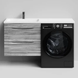 Тумба Смайл 130 подвесной, под стиральную машину, левая, Лиственница структурная контрастно-серая ПВХ 64202 Vodok с раковиной в комплекте
