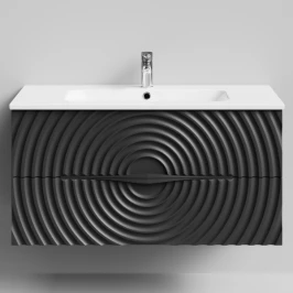 Тумба Эйфория 100 F1, пример RAL 9005 Чёрный янтарь, матовая, 2 ящика, подвесной Vodok с раковиной в комплекте