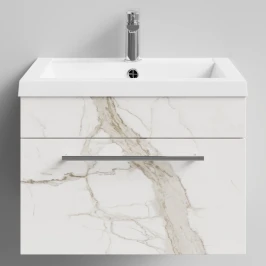 Тумба Элис 58 подвесной, 1 ящик, Мрамор Белый натур милк ПВХ 2537 Vodok с раковиной в комплекте