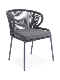"Милан" стул плетеный из роупа, каркас алюминий темно-серый (RAL7024) муар, роуп темно-серый круглый, ткань темно-серая 027